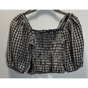 Lou & Grey Top Cropped Smocked Size XS Black & White Balloon Elbow Sleeve